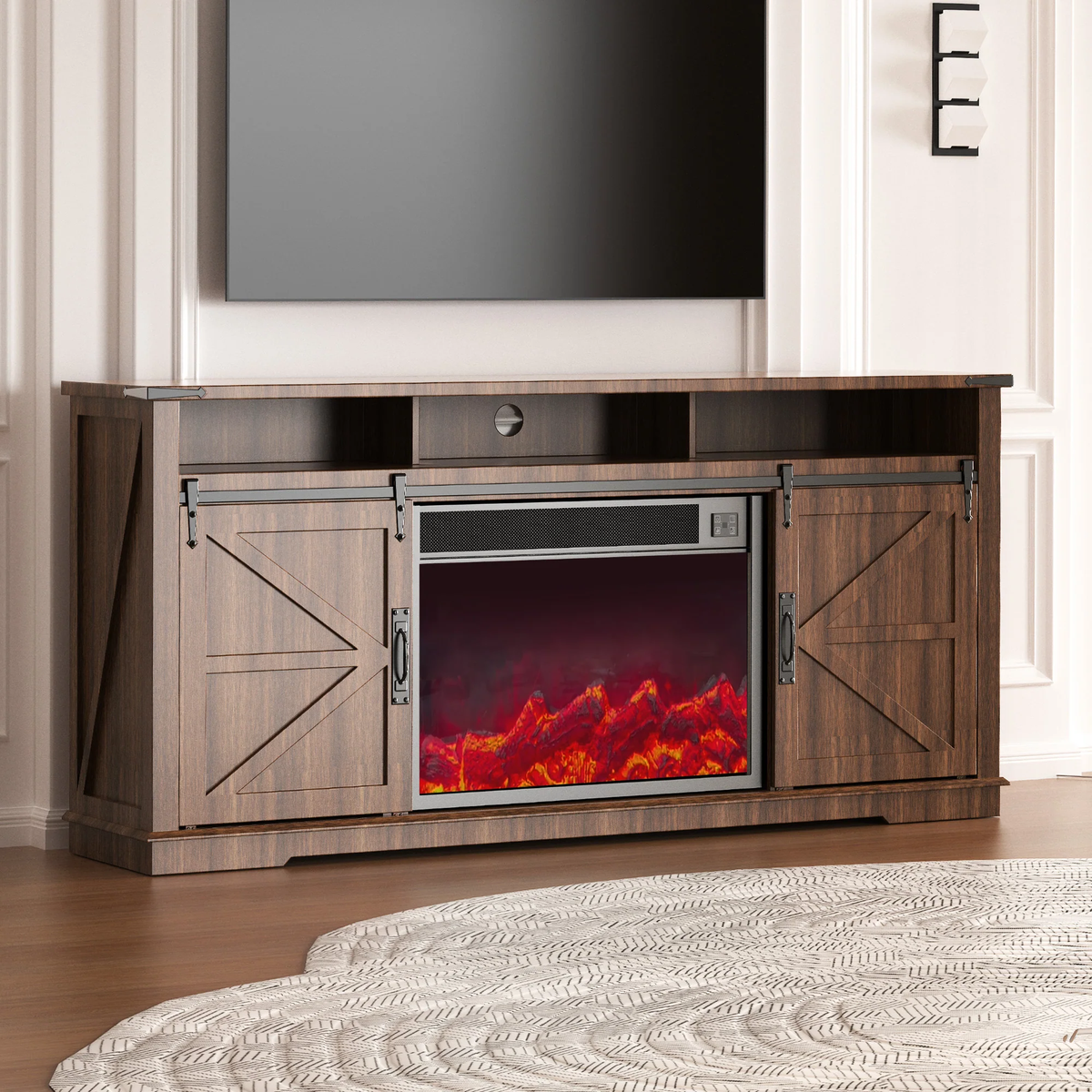 Fully Assembled 70" TV stand with an electronic fireplace