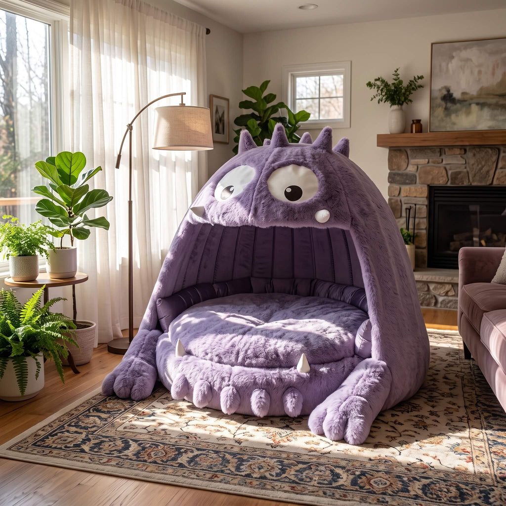 A plush purple monster-shaped bed with large cartoon eyes, small horns, and tooth details, styled in a cozy living room with plants, a rug, a lamp, and a fireplace.