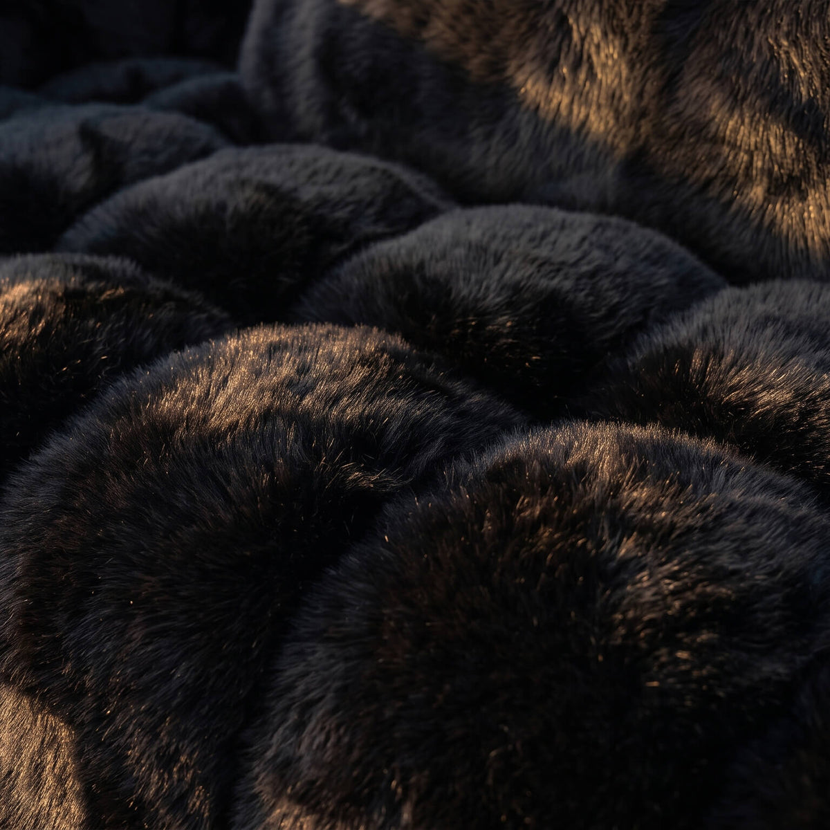 A close-up of dark faux fur fabric with a textured, scalloped pattern, illuminated by warm golden light against deep shadows.
