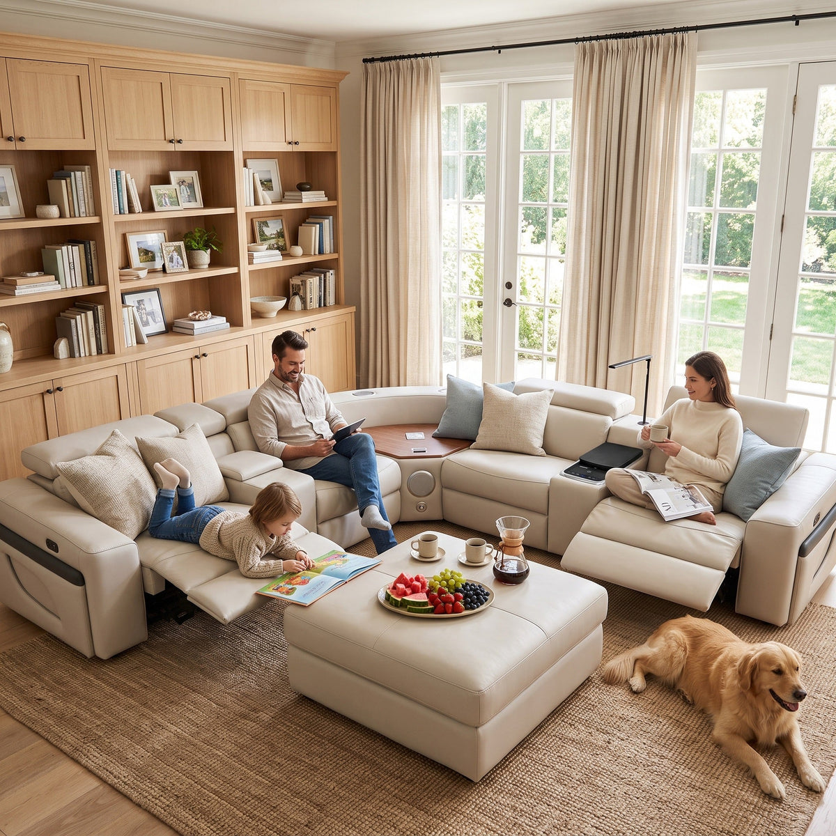 Air Leather Power Reclining Sectional Sofa with Recliner in Beige (MC3028A)