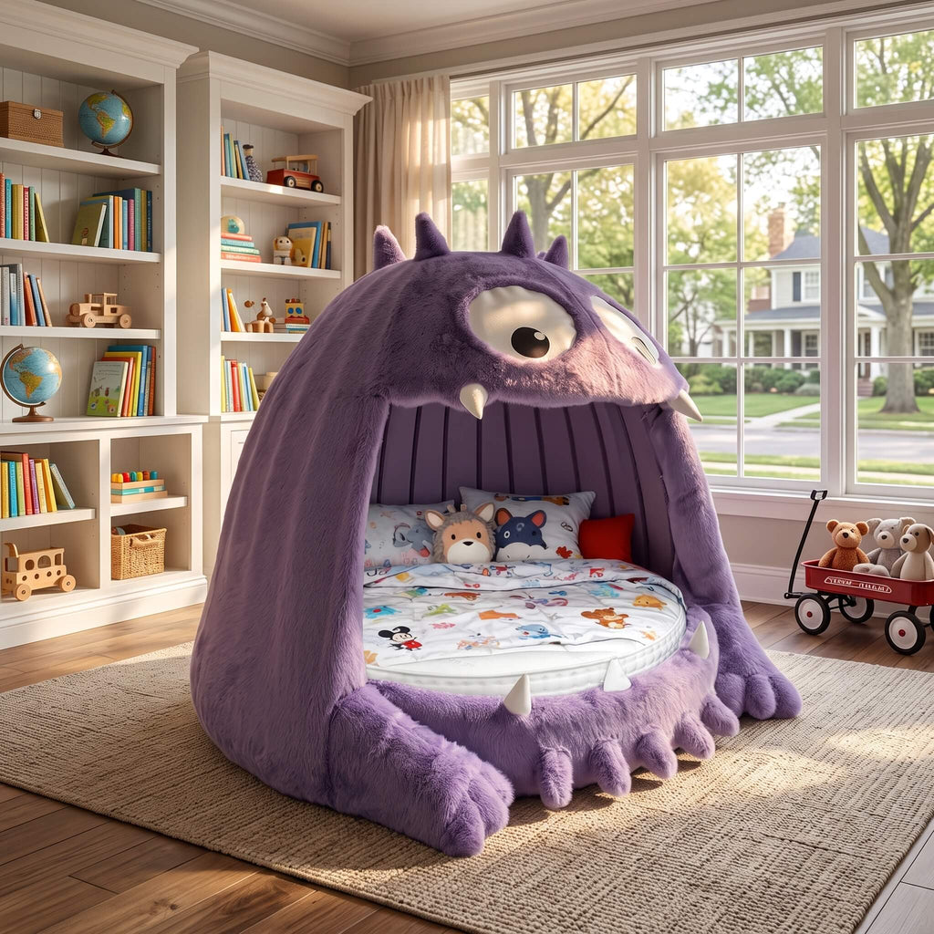 A round children's bed styled like a purple monster tent, featuring plush purple sides and a monster face opening, set in a bright, modern children's bedroom with bookshelves and a window.