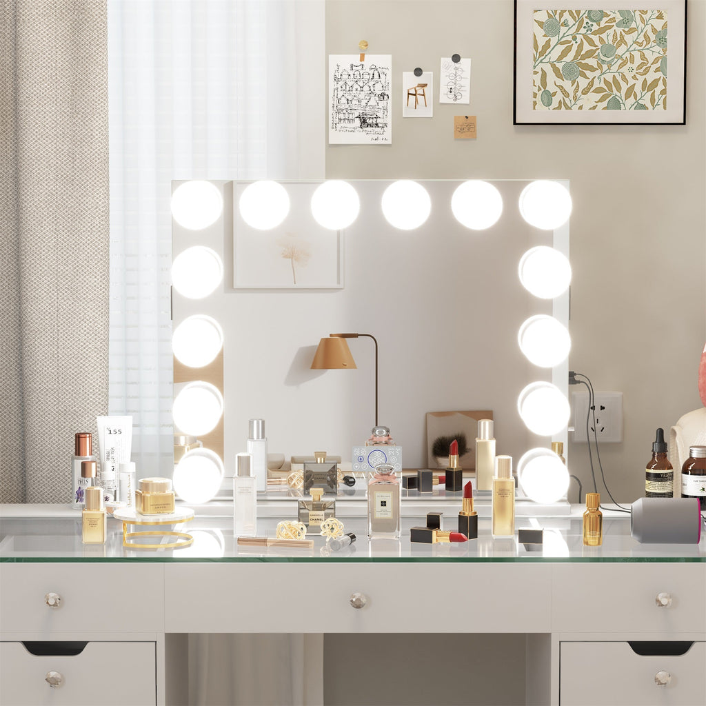 Vanitii Marilyn Hollywood vanity mirror with 14 LED bulbs on a white desk with cosmetics