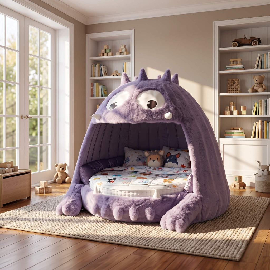 A plush monster-shaped children's bed in lavender purple, styled in a cozy, sunlit child's room with wooden floors, bookshelves, and a woven rug.