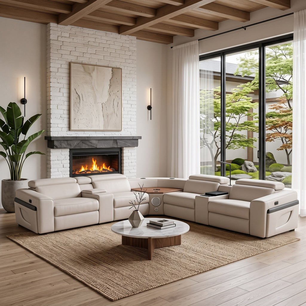 Air Leather Power Reclining Sectional Sofa with Recliner in Beige (MC3028A)