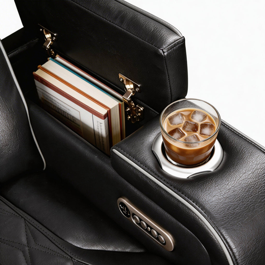 Car cup holder with a glass of iced coffee and books on a black leather armrest.