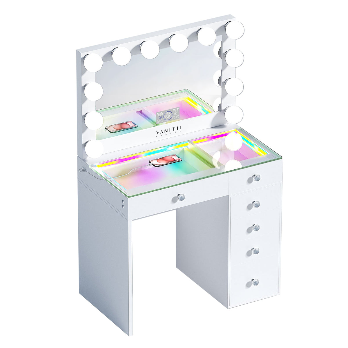 Vanitii Cindy vanity set with lighted mirror and glass top storage with integrated charging