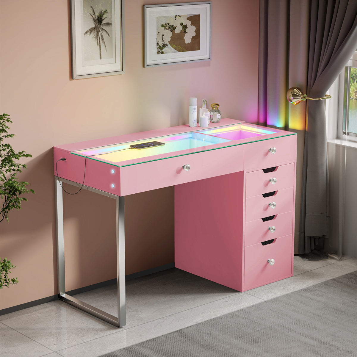 Vanitii Diana RGB vanity desk in pink with glass top and six storage drawers