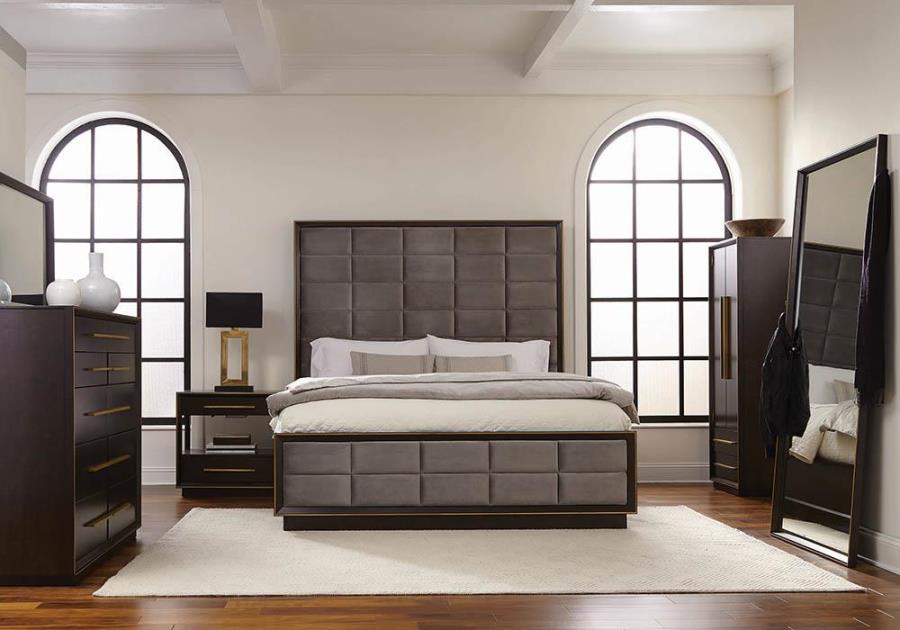 Dark brown wood queen size fabric padded bedroom set with matching wood decor around the room.