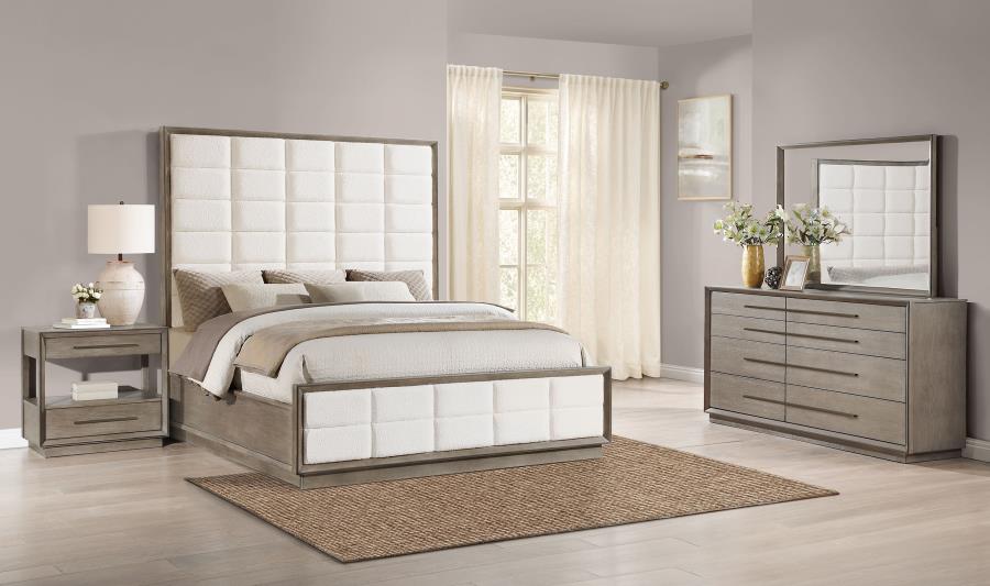Modern bedroom set with bed, nightstand, dresser, and mirror in a well-lit room.
