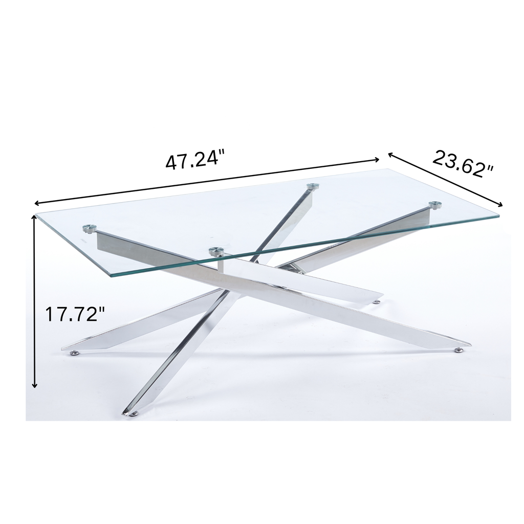 51.18" Modern Coffee Table, 8MM Clear Tempered Glass Top with Golden Crossed Metal Base, Easy to Clean