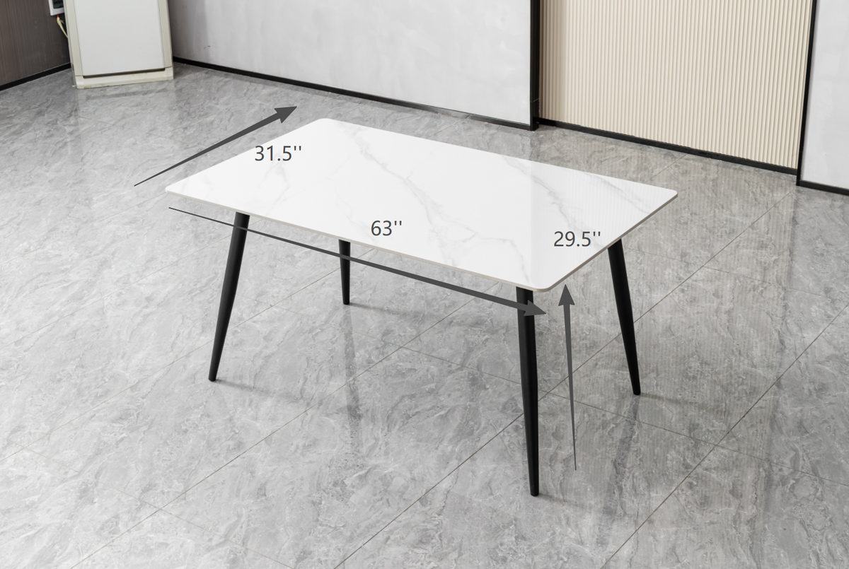White Faux Marble Rectangular Dining Table with Black Metal Legs, Seats up to 4