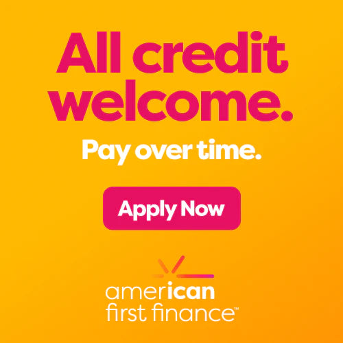 American First Finance advertisement with 'All credit welcome. Pay over time.' text on a yellow background.