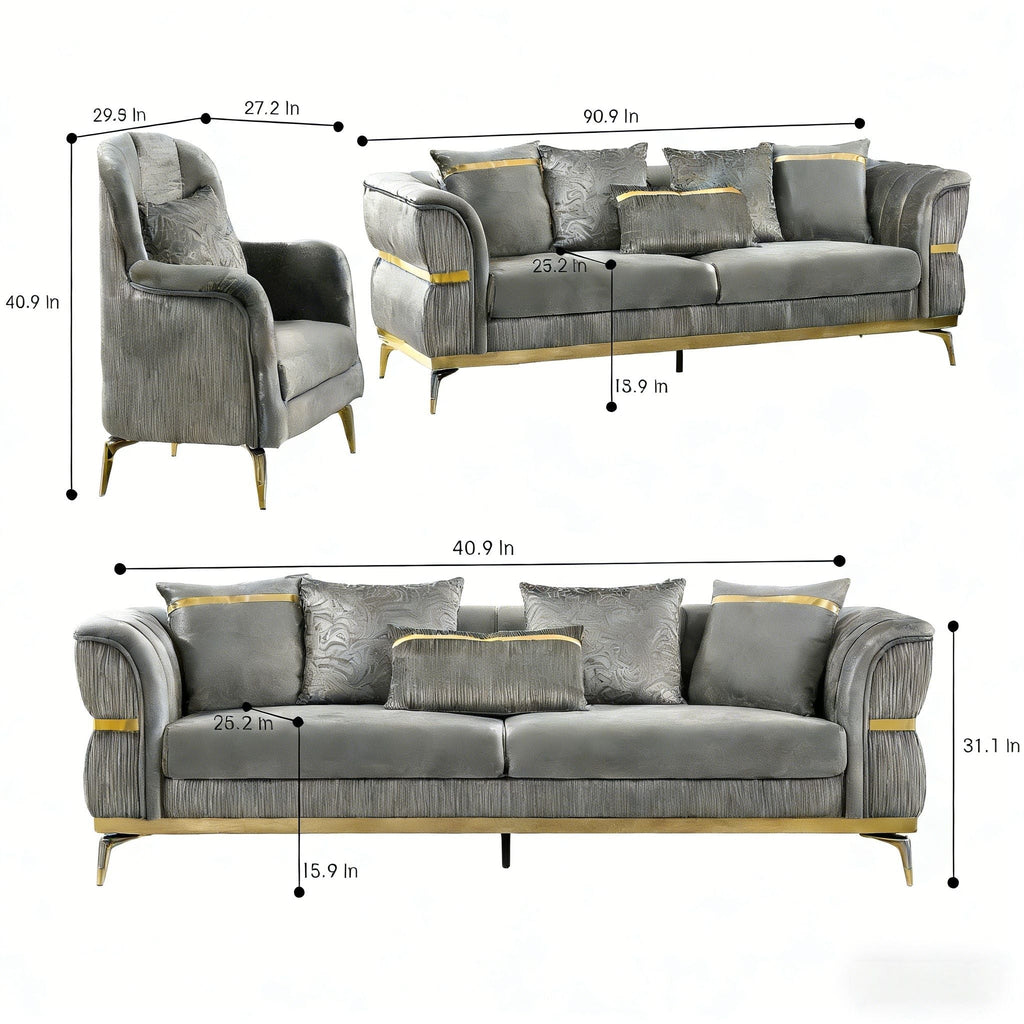 Velvet Chestfield Sofa Set In Gray