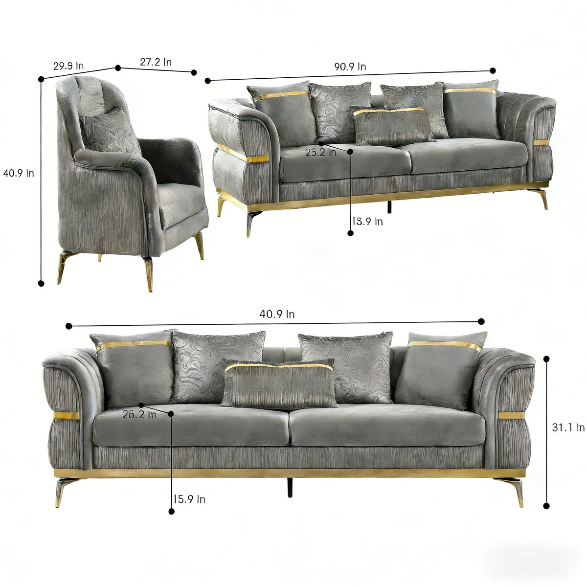 Velvet Chestfield Sofa Set In Gray
