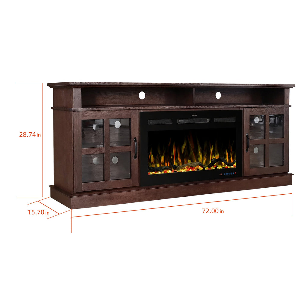 72“ Teak Ash Wood Veneer Fireplace TV stand
