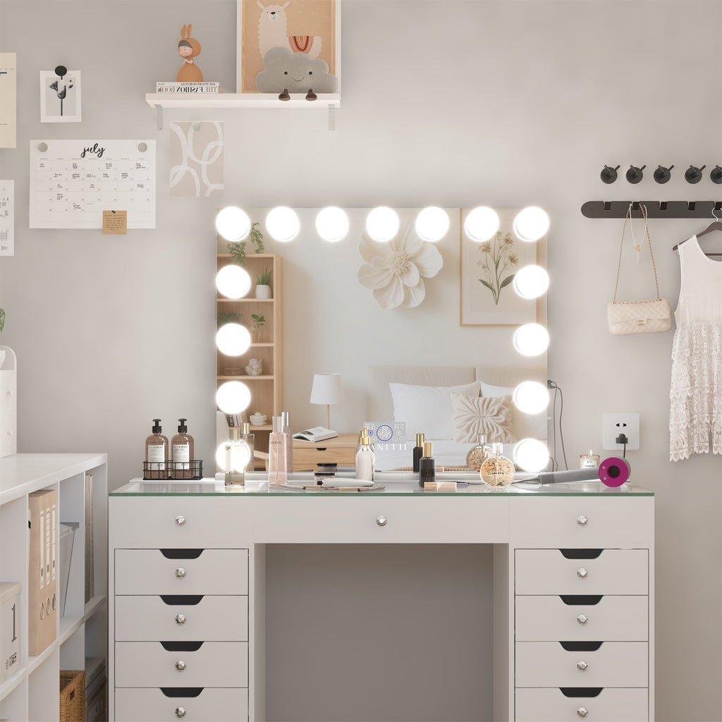 Vanitii Marilyn Hollywood vanity mirror pro max with 15 dimmable LED bulbs on a white desk with drawers