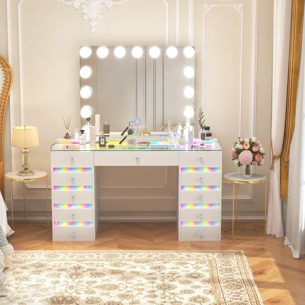 Makeup vanity with illuminated mirror and drawers in a stylish room.