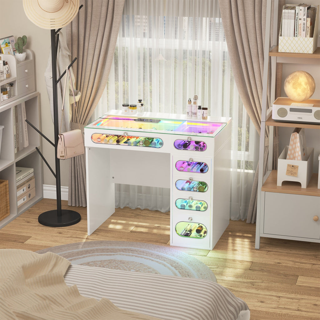 VANITII 6 Glass Fronted Drawers Vanity Desk