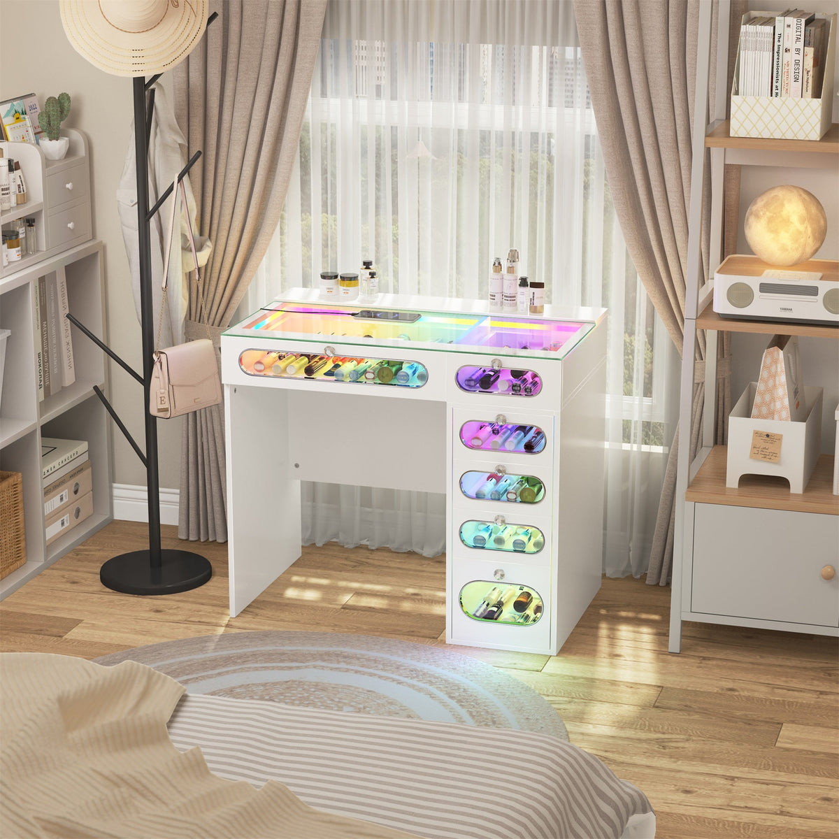 VANITII 6 Glass Fronted Drawers Vanity Desk