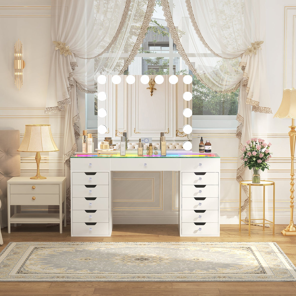 Eva-RGB Vanity Desk Set with 15 Bulbs Mirror