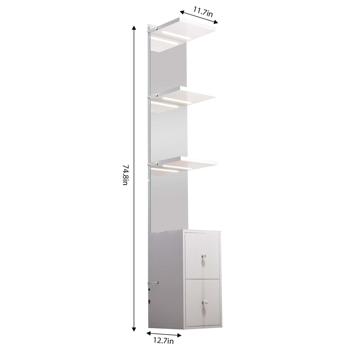 Vanitii display shelves with LED light showing dimensions of 74.8 inches height 11.7 inches width and 12.7 inches depth
