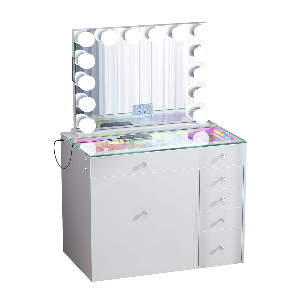 VANITII Mini Diana Vanity Desk and Marilyn Mirror with Soft Hidden Stool