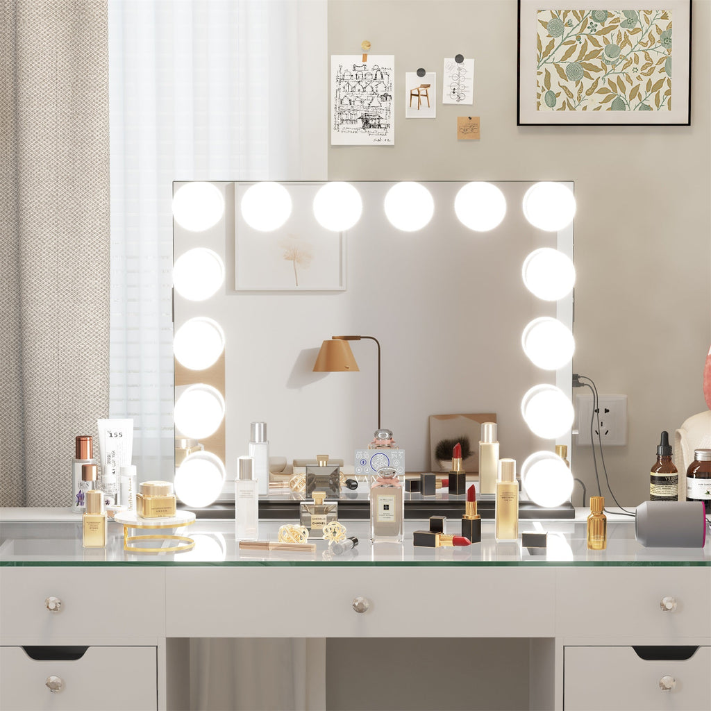 Vanitii Marilyn Hollywood vanity mirror with 14 LED bulbs on a white desk with perfume and makeup