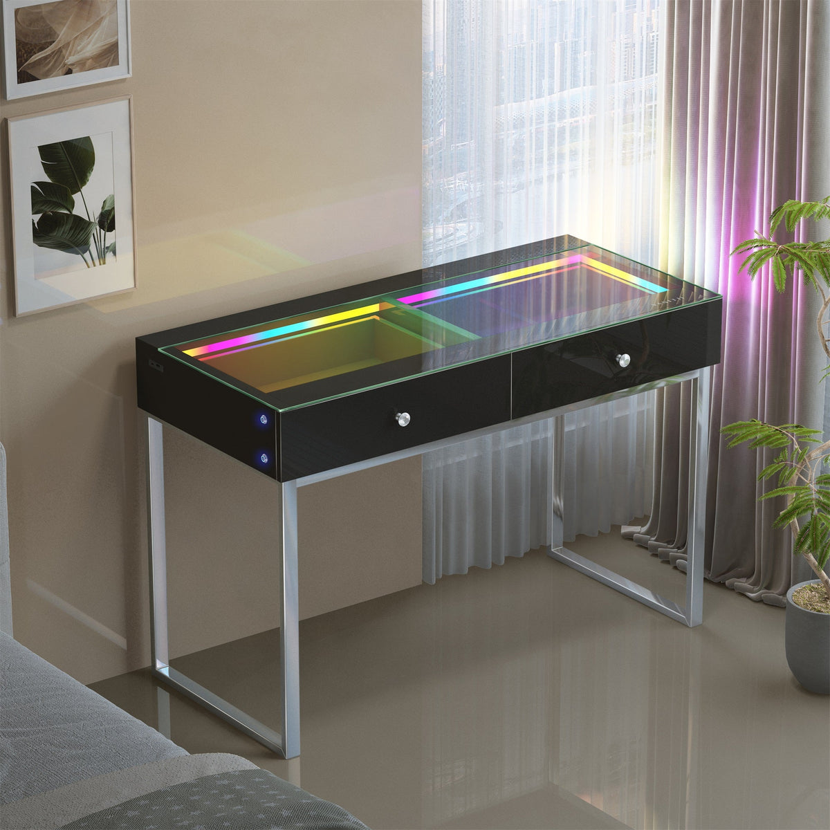 Vanitii Alice RGB vanity desk with glass top and two storage drawers on silver metal legs