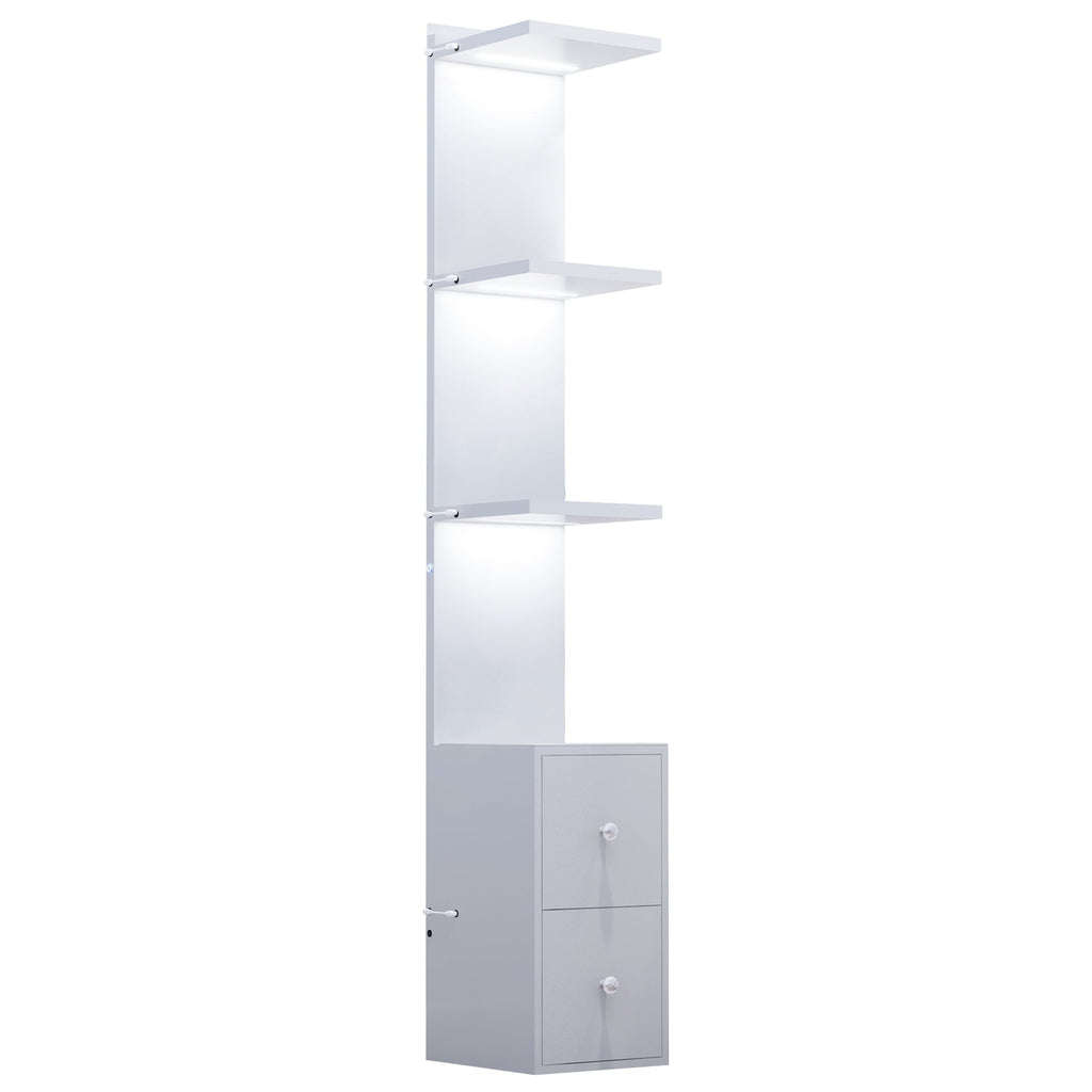 Vanitii white display shelves with integrated LED lighting and two bottom storage drawers