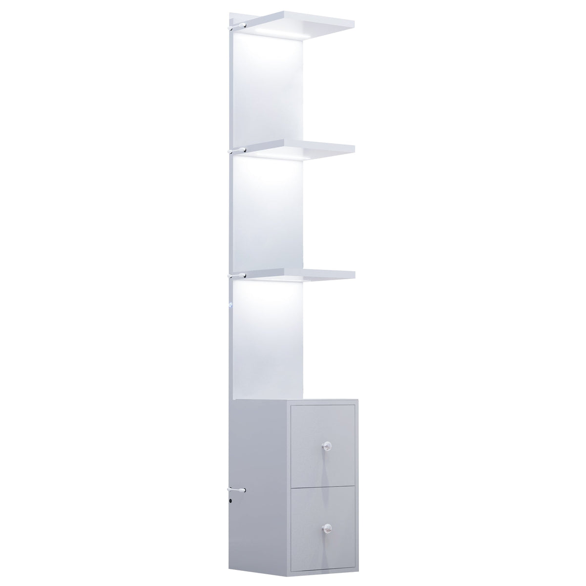 Vanitii white display shelves with integrated LED lighting and two bottom storage drawers