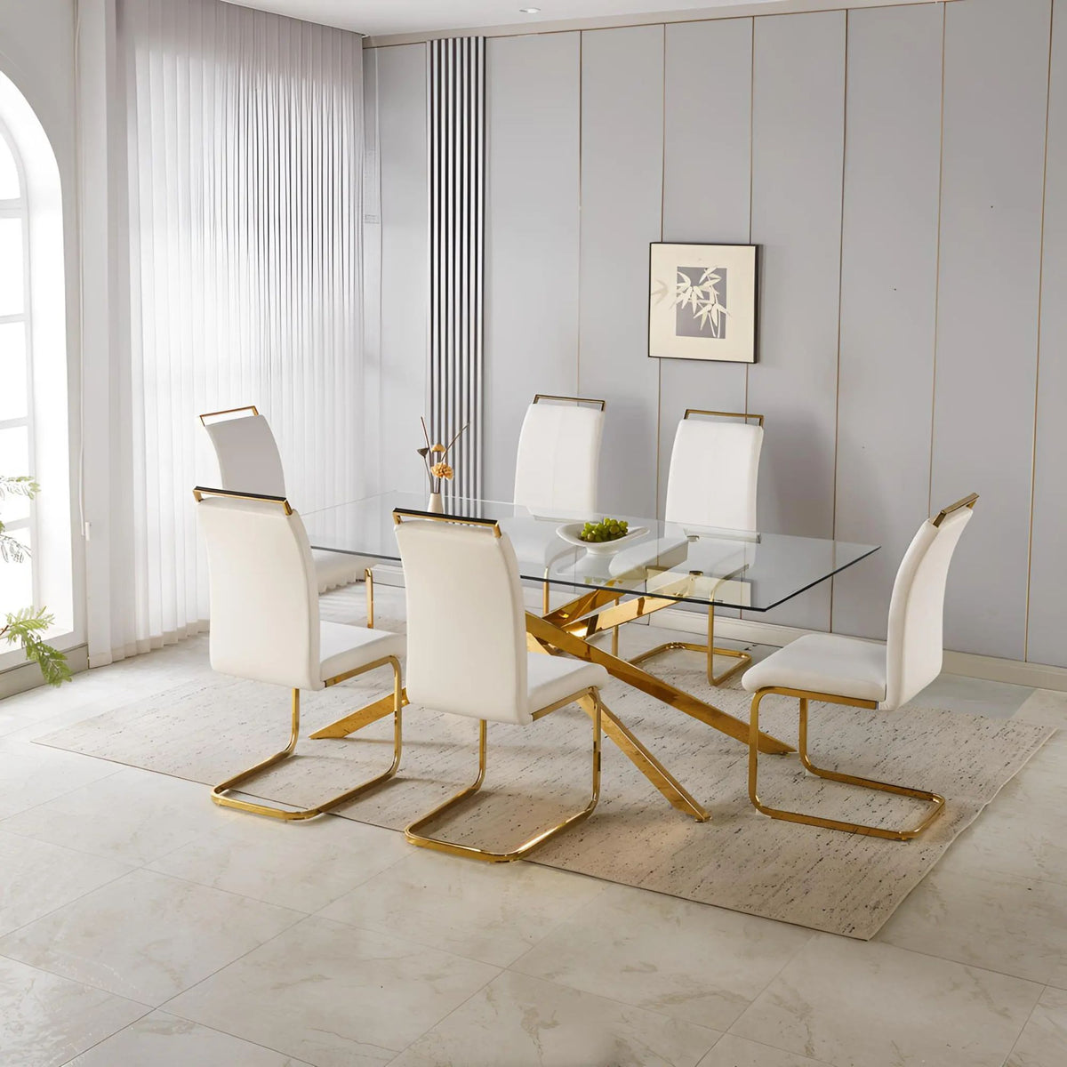 78.74" Large Dining Table for Kitchen & Living Room, Clear Tempered Glass Top with Gold Geometric Legs