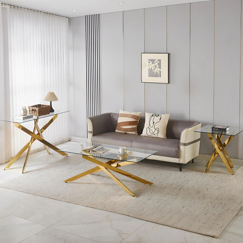 51.18" Modern Coffee Table, 8MM Clear Tempered Glass Top with Golden Crossed Metal Base, Easy to Clean
