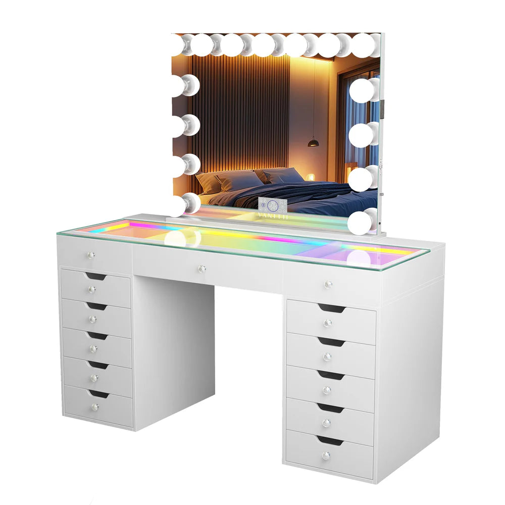 Elegant White Led vanity mirror and desk set with storage drawers set in a white back. 
