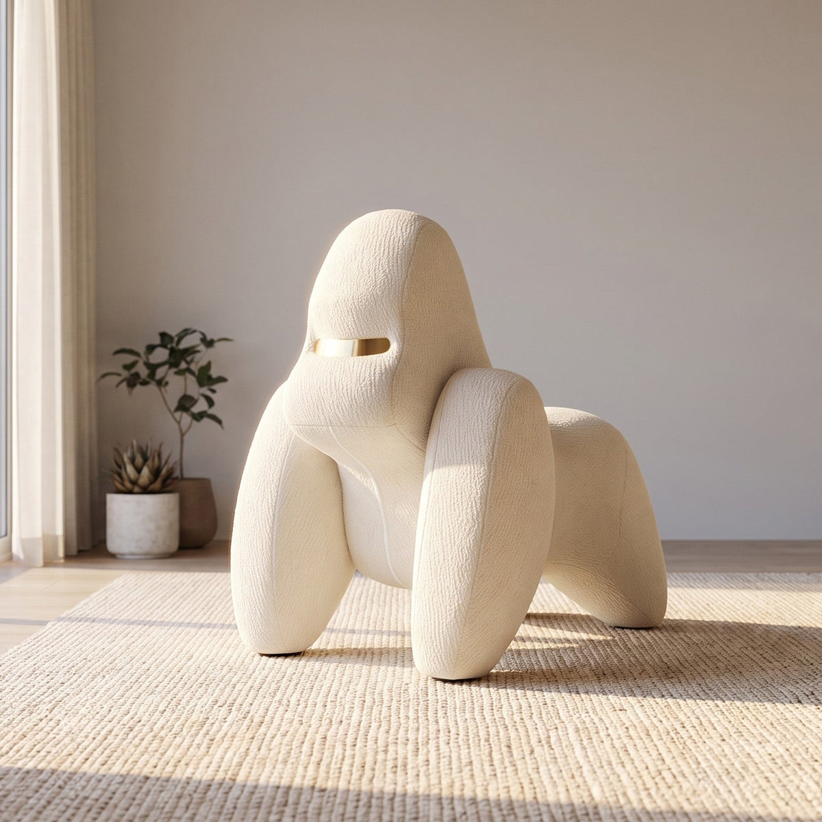 Modern beige chair in a minimalistic room with a plant and rug.