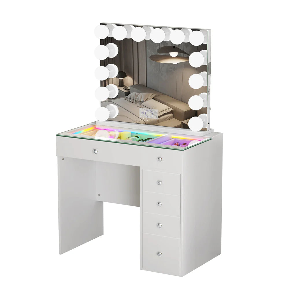 Elegant White Led vanity mirror and desk set with 6 storage drawers set in a white back. 