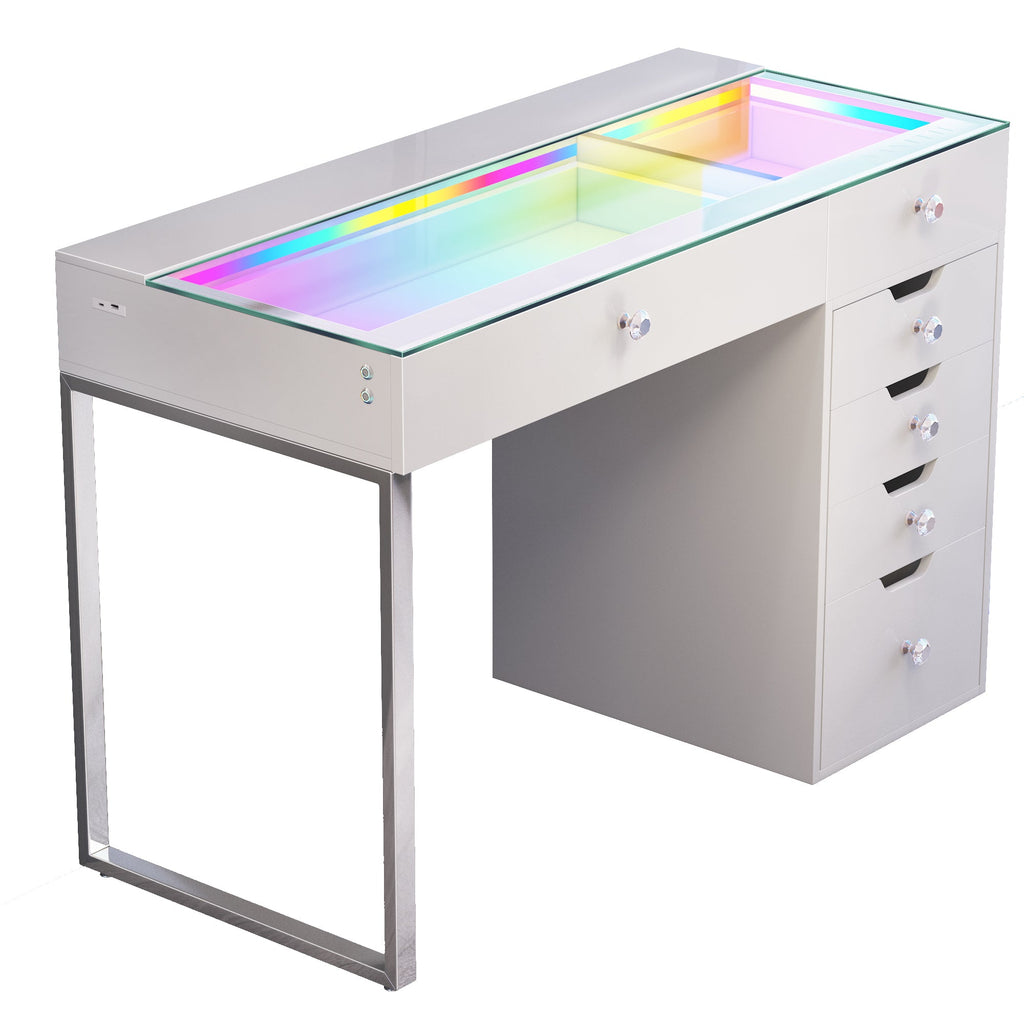 Vanitii Diana RGB vanity desk with glass top and six storage drawers