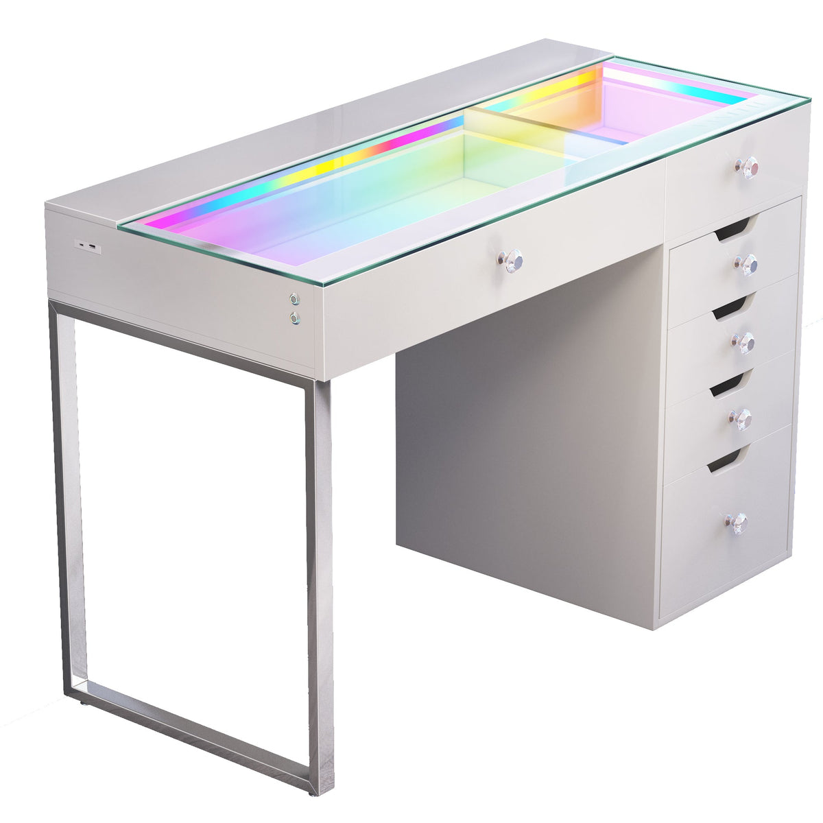 Vanitii Diana RGB vanity desk with glass top and six storage drawers