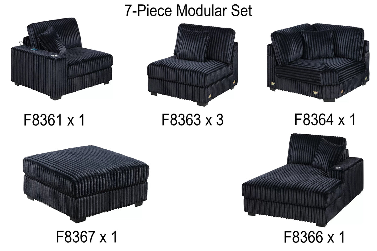 Black corduroy sectional set pieces broken down in white background.