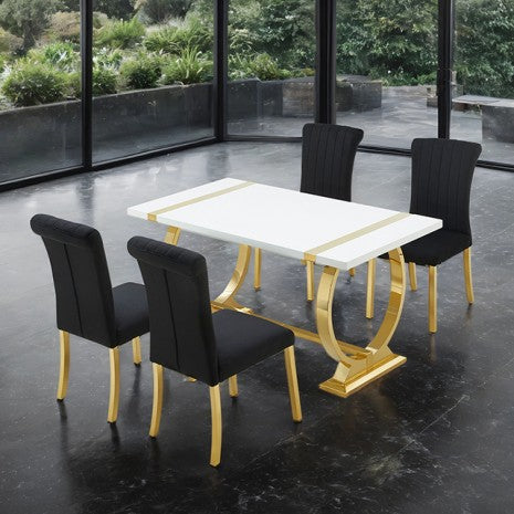 Elegant gold trim dining set in modern home with nature background.