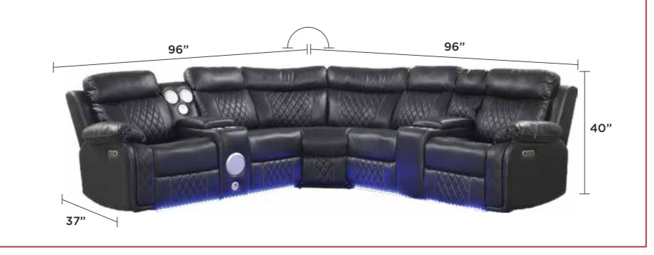 Dimensions of black LED power reclining sectional sofa measuring 96 inches on each side, 37 inches deep, and 4