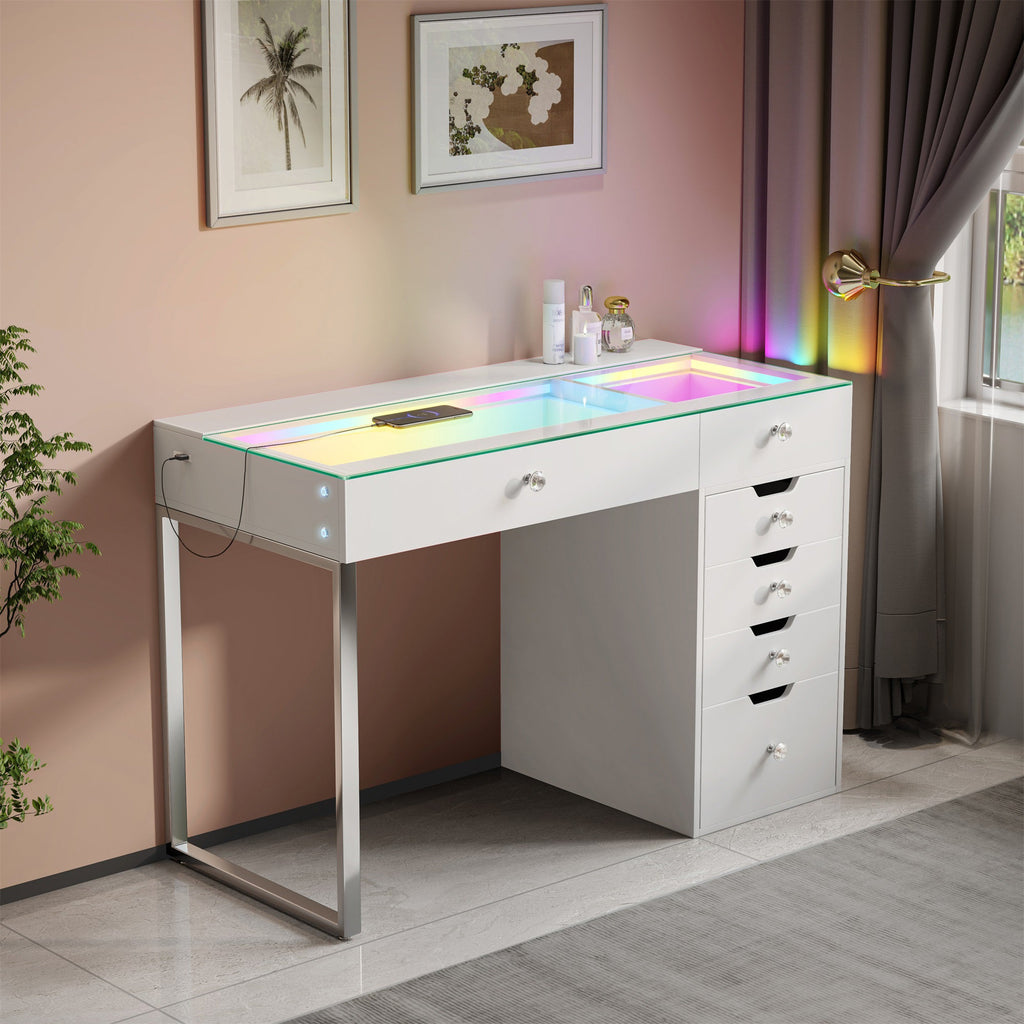 Vanitii Diana RGB vanity desk with glass top and six storage drawers