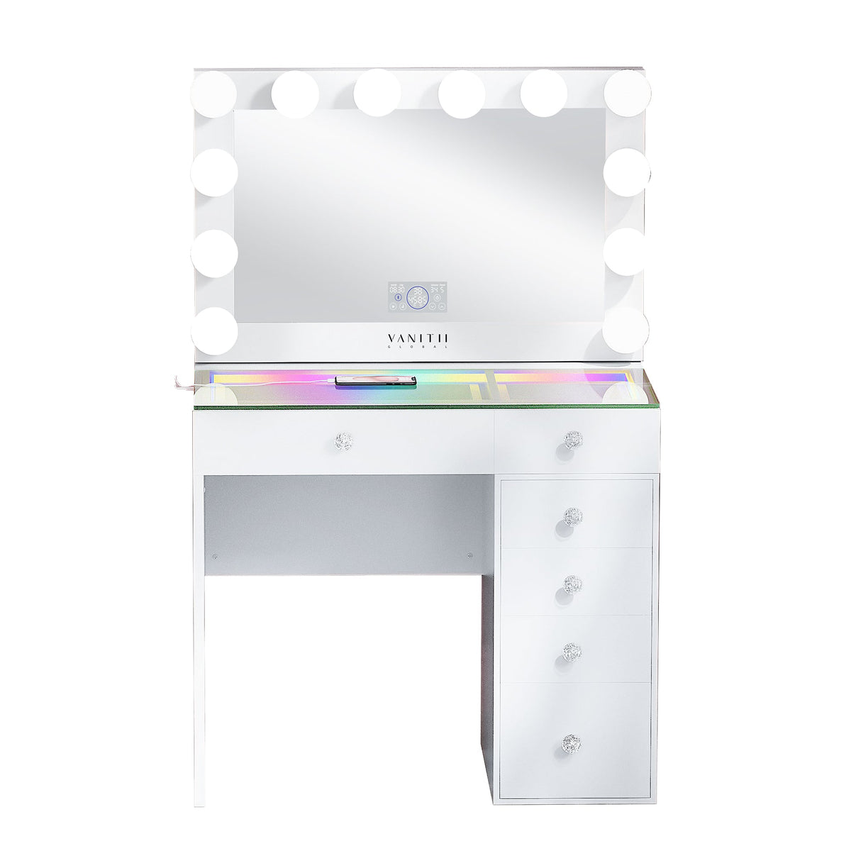 Vanitii Cindy vanity set with illuminated mirror and glass top desk featuring crystal drawer knobs