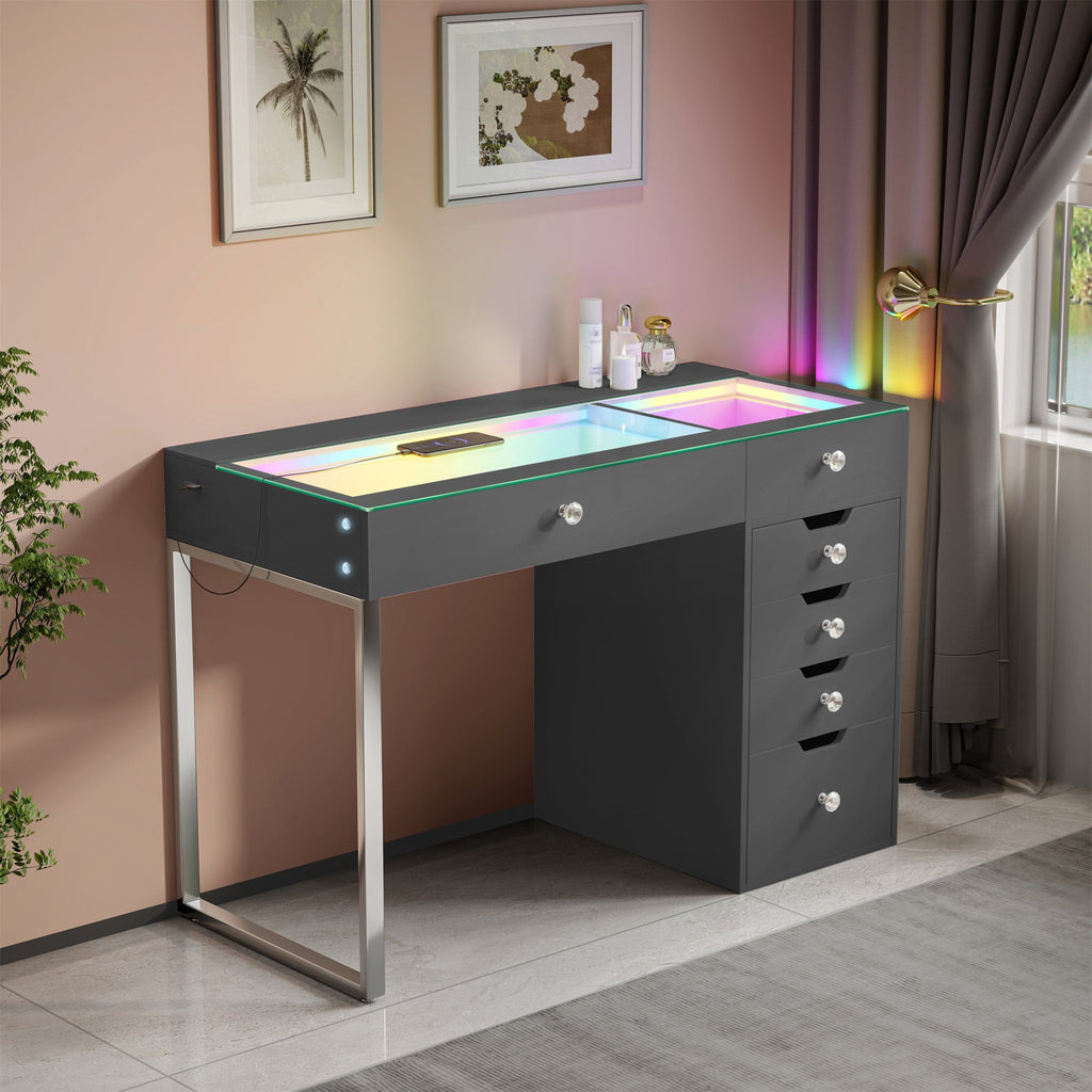 Vanitii Diana RGB vanity desk with glass top and six storage drawers