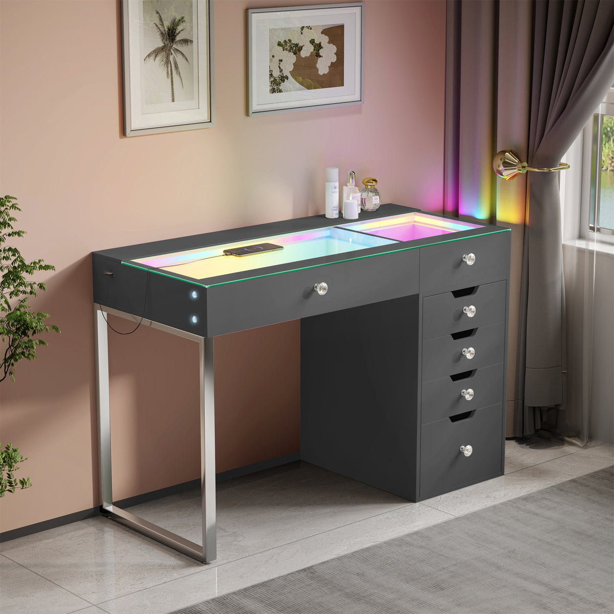 Vanitii Diana RGB vanity desk with glass top and six storage drawers
