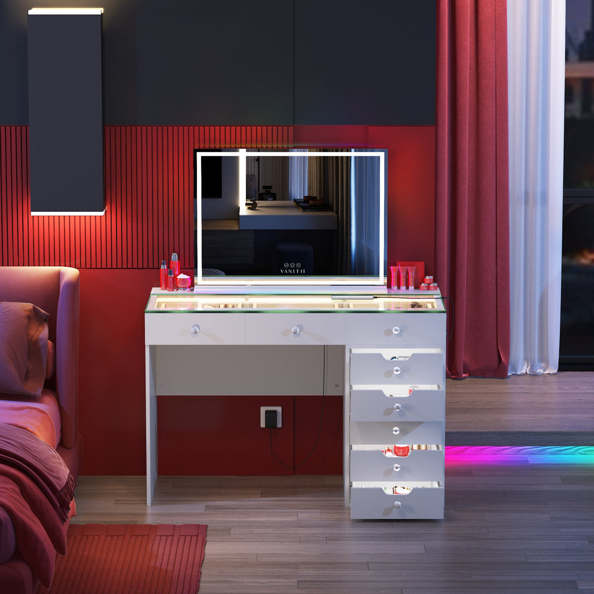 Vanitii Diana vanity desk with lighted mirror and eight storage drawers