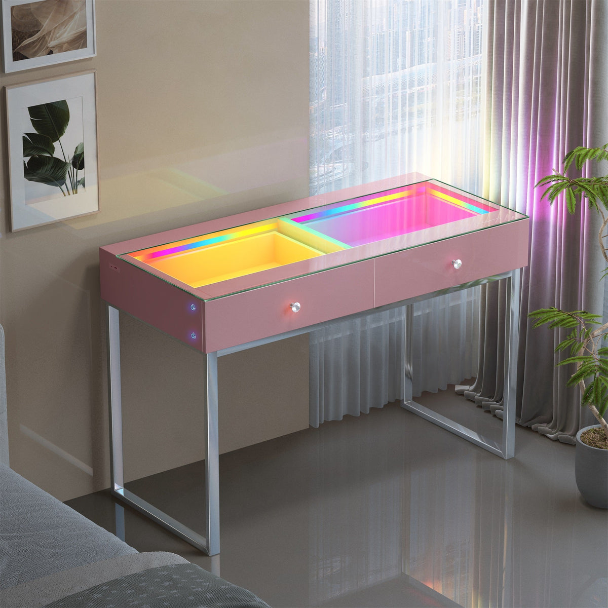 Vanitii Alice RGB vanity desk with glass top and two storage drawers featuring integrated colorful LED lighting