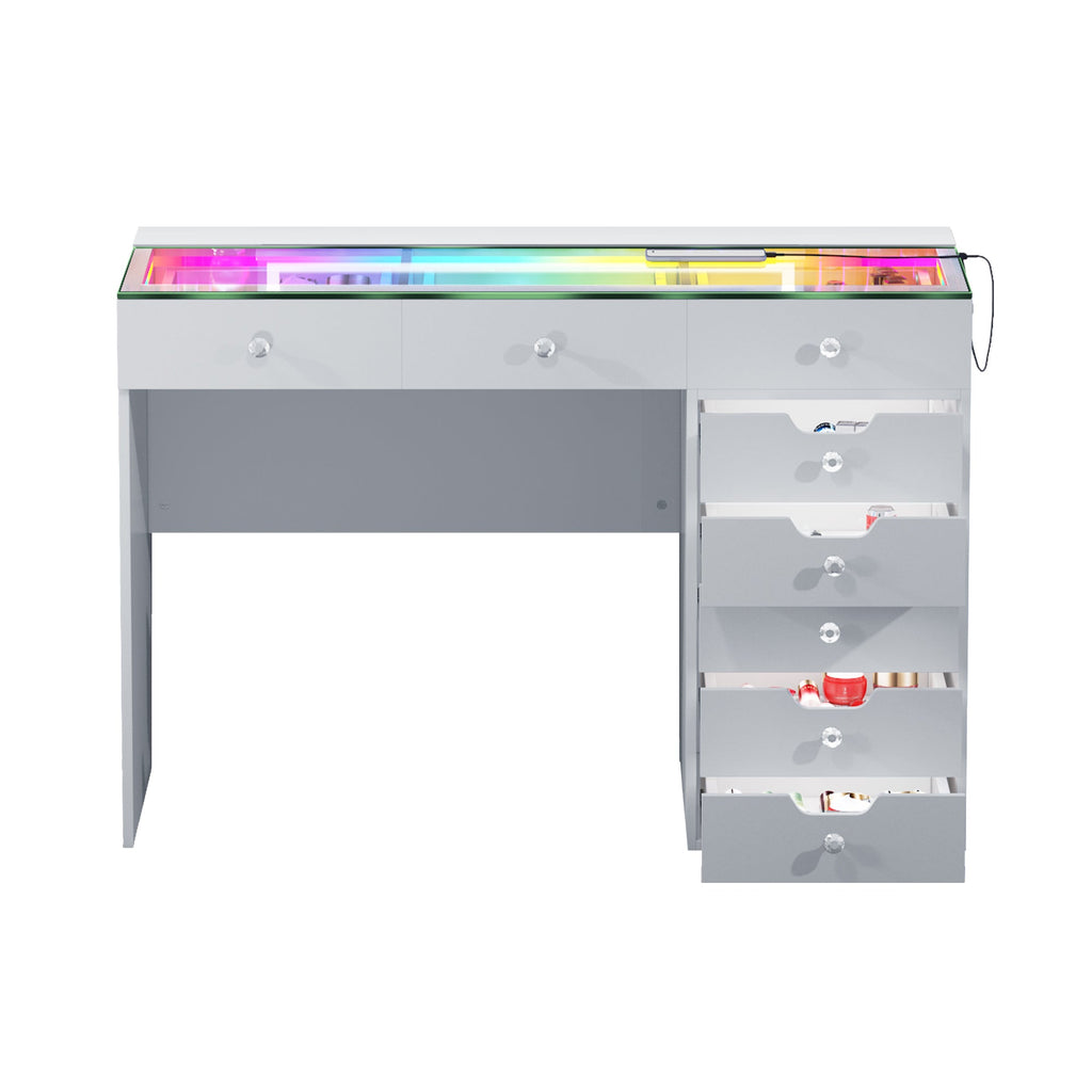 Vanitii Diana RGB vanity desk with glass top and eight storage drawers