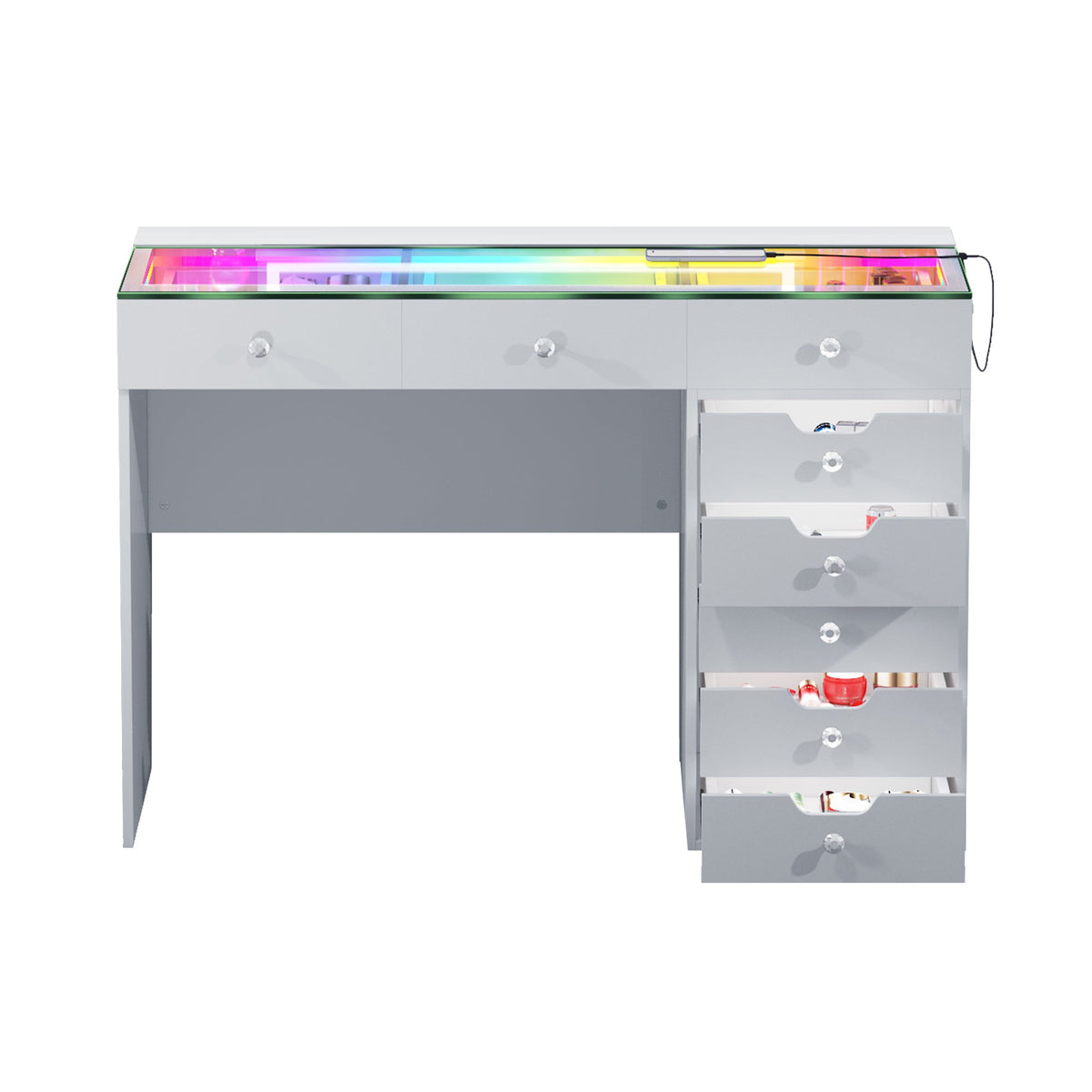 Vanitii Diana RGB vanity desk with glass top and eight storage drawers