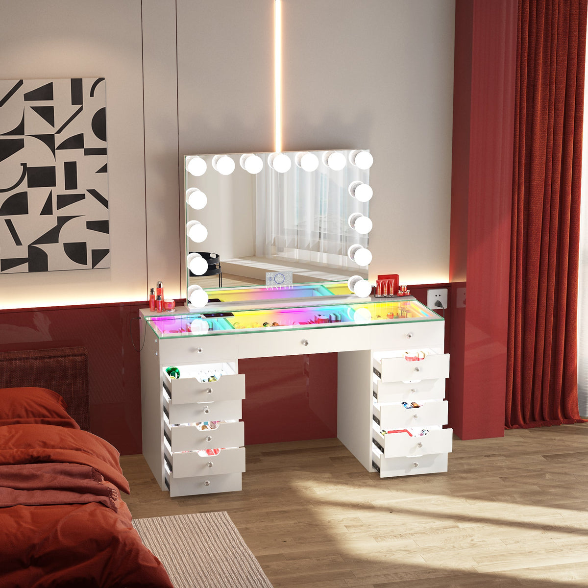 Vanitii Eva vanity desk with thirteen storage drawers and RGB light glass top
