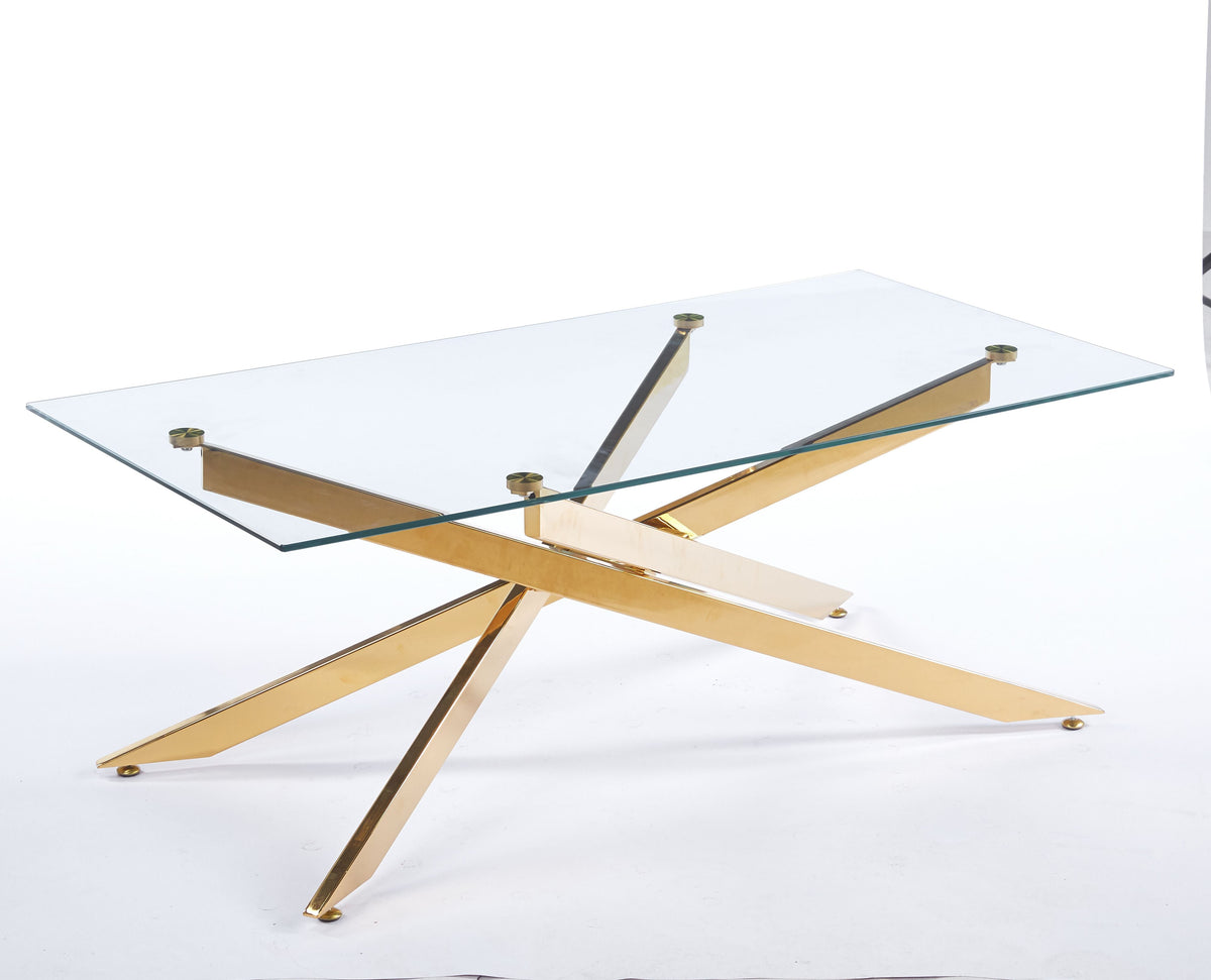 51.18" Modern Coffee Table, 8MM Clear Tempered Glass Top with Golden Crossed Metal Base, Easy to Clean